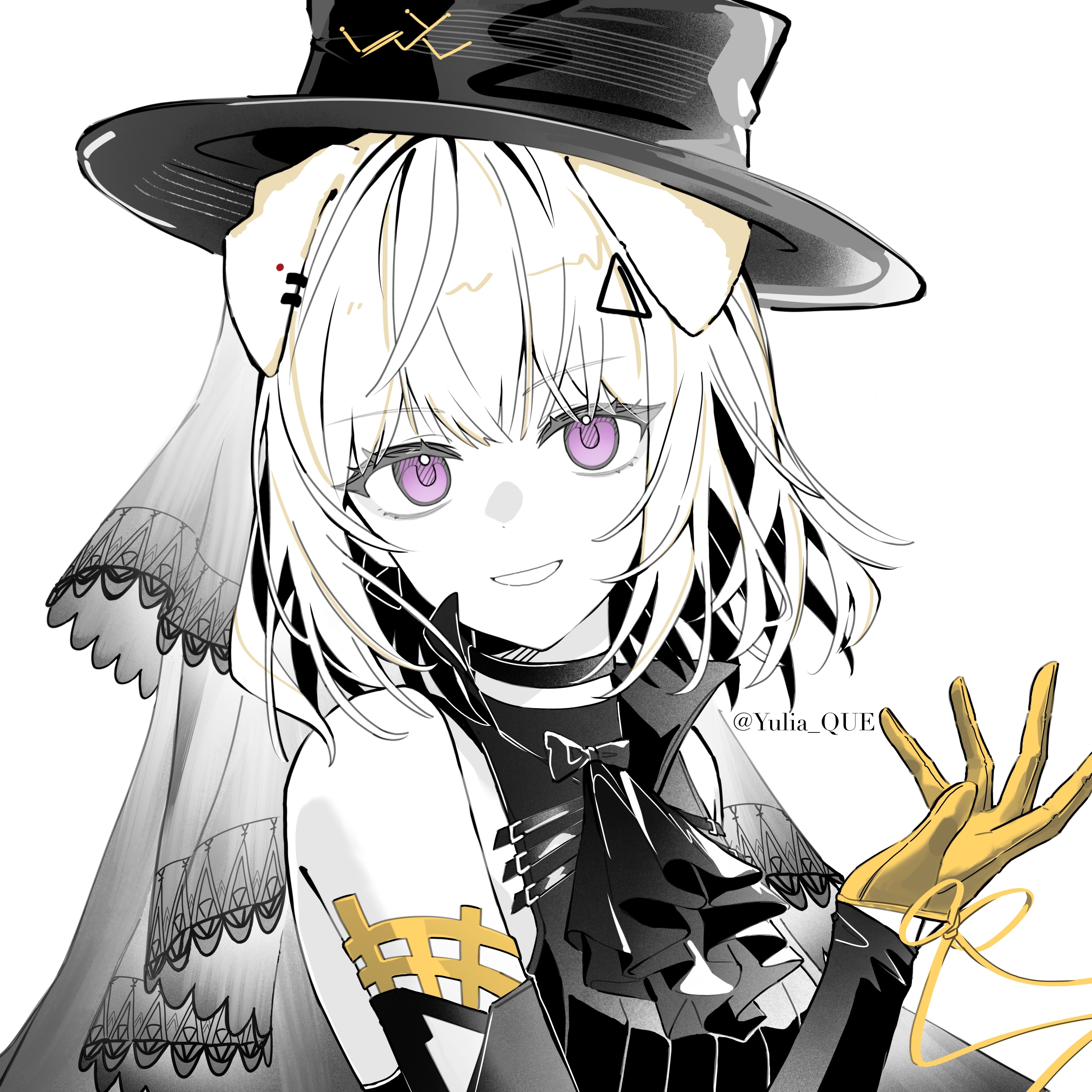 misumi uika, misumi uika (caged singer), bang dream!, bang dream! it's mygo!!!!!, absurdres, chinese commentary, commentary request, highres, 1girl, animal ears, ascot, bare shoulders, dog ears, dog girl, gloves, hair ornament, hand up, hat, kemonomimi mode, lanmei nai fu ye, looking at viewer, medium hair, partially colored, purple eyes, simple background, smile, solo, triangle hair ornament, upper body, white background, yellow gloves