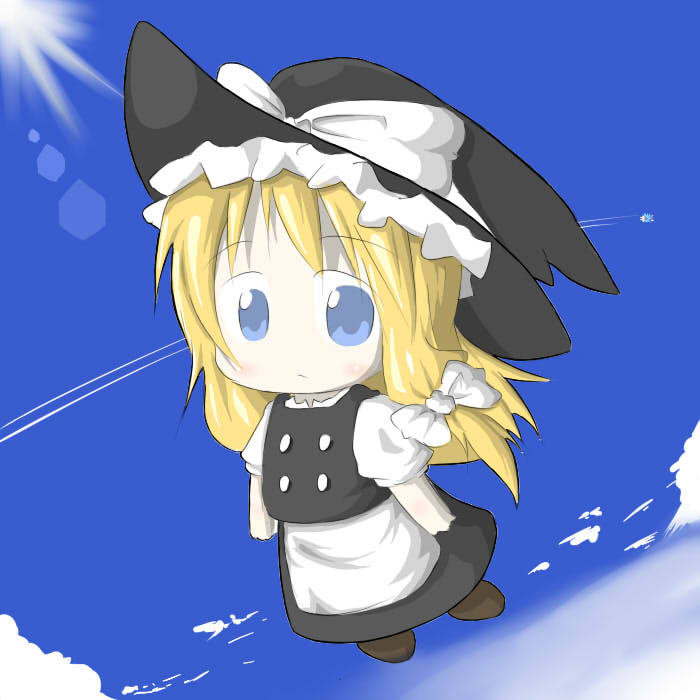 aoblue, cirno, kirisame marisa, embodiment of scarlet devil, touhou, 2girls, blonde hair, blue eyes, chibi, contrail, day, female focus, multiple girls, sky, solo focus