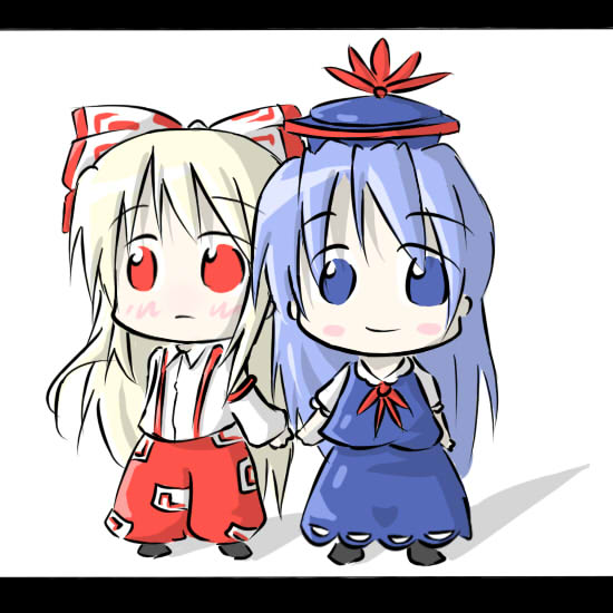 aoblue, fujiwara no mokou, kamishirasawa keine, touhou, 2girls, blonde hair, blue dress, blue eyes, chibi, dress, female focus, hat, long hair, long sleeves, looking at viewer, multiple girls, ofuda, red eyes, shirt, standing, suspenders, tate eboshi, very long hair, white shirt