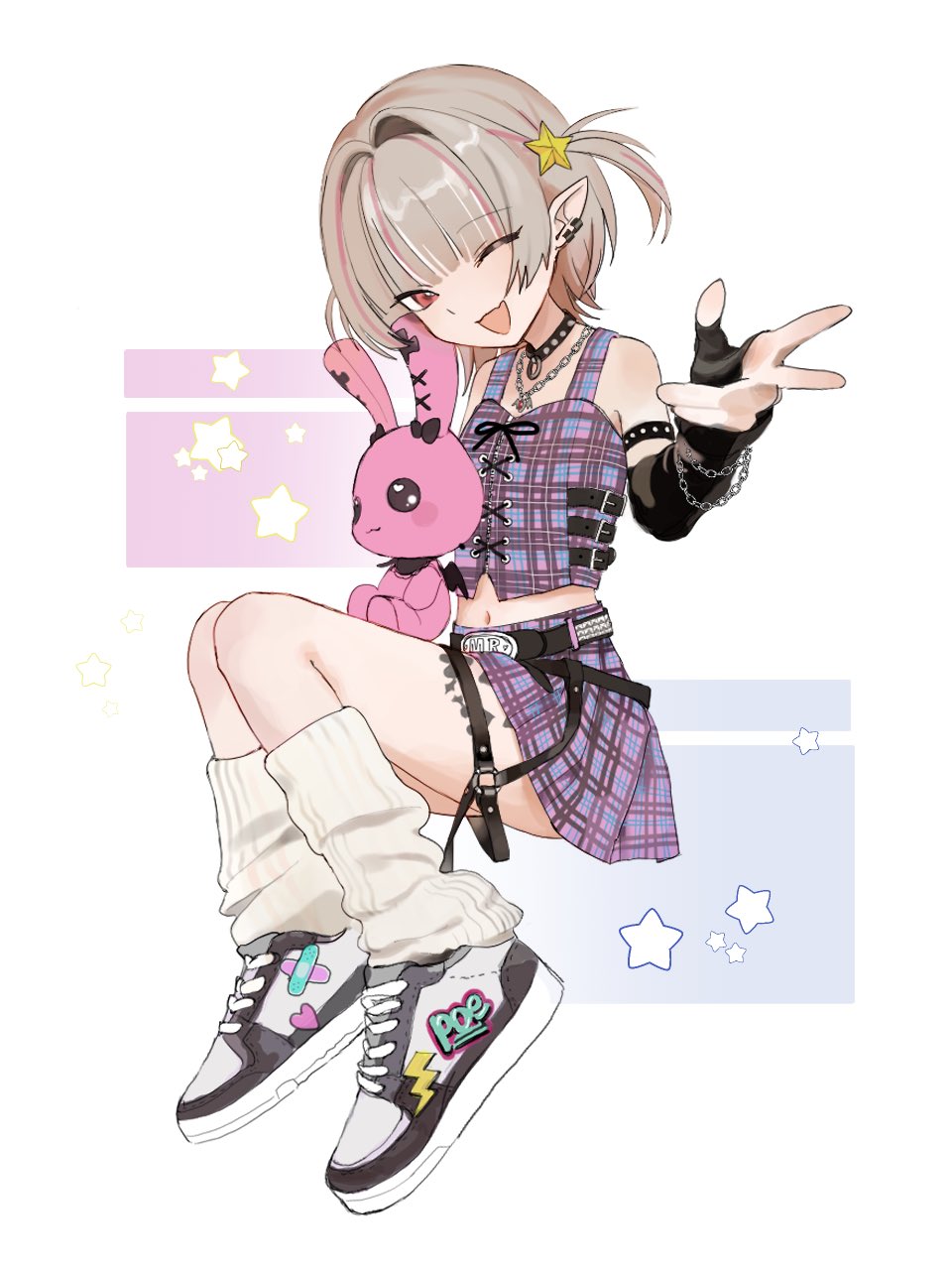 makaino ririmu, makaino ririmu (6th costume), nijisanji, highres, 1girl, ;d, alternate footwear, alternate legwear, arm strap, bare shoulders, belt, belt buckle, black arm warmers, black collar, black straps, blunt bangs, buckle, chain, chain bracelet, chain necklace, collar, colored inner hair, crop top, cross-laced clothes, cross-laced top, ear cuffs, fingerless gloves, full body, gloves, grey hair, hair intakes, harness, invisible chair, jewelry, kokoneko164, leg tattoo, looking at viewer, loose socks, midriff, miniskirt, multicolored hair, navel, necklace, no headwear, no jacket, o-ring, o-ring thigh strap, one eye closed, open mouth, pendant, pink hair, pink skirt, plaid clothes, plaid skirt, pleated skirt, pointy ears, reaching, reaching towards viewer, red eyes, shoes, short hair, sitting, skirt, sleeveless, smile, sneakers, socks, solo, spiked collar, spikes, star (symbol), streaked hair, studded belt, stuffed animal, stuffed rabbit, stuffed toy, tattoo, thigh strap, two side up, virtual youtuber, w, white background, white shoes, white socks, winged heart, winged heart tattoo, wolf cut, zipper top