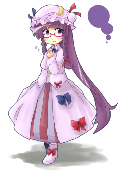 ane, patchouli knowledge, touhou, bad id, bad pixiv id, 1girl, alternate hairstyle, bespectacled, braid, crescent, female focus, glasses, hat, long hair, purple eyes, purple hair, solo, twin braids, very long hair