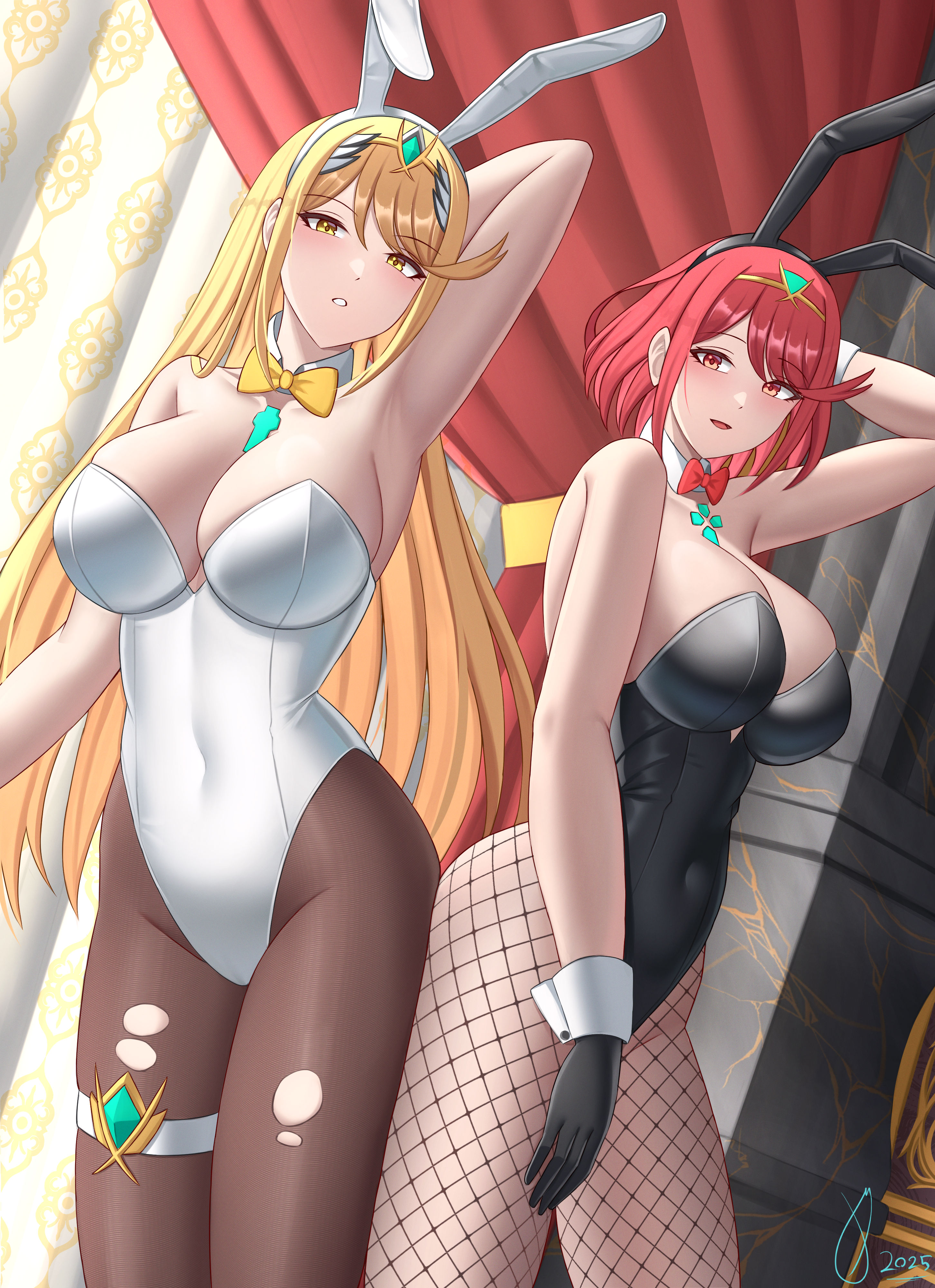 ghnauv117221, mythra (xenoblade), pyra (xenoblade), xenoblade chronicles (series), xenoblade chronicles 2, absurdres, highres, 2girls, animal ear hairband, animal ears, black gloves, black leotard, black pantyhose, blonde hair, bow, bowtie, breasts, chest jewel, cleavage, core crystal (xenoblade), detached collar, fake animal ears, fishnet pantyhose, fishnets, gloves, hairband, large breasts, leotard, long hair, long hairb, multiple girls, pantyhose, playboy bunny, rabbit ears, red eyes, red hair, short hair, strapless, strapless leotard, swept bangs, torn clothes, torn pantyhose, white leotard, wrist cuffs, yellow bow, yellow bowtie, yellow eyes
