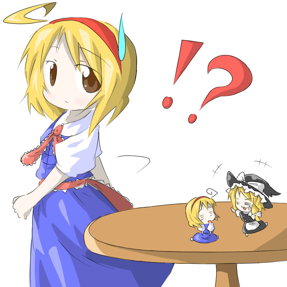 aoblue, alice margatroid, kirisame marisa, touhou, !?, 2girls, = =, ahoge, chibi, female focus, mini person, minigirl, multiple girls, table