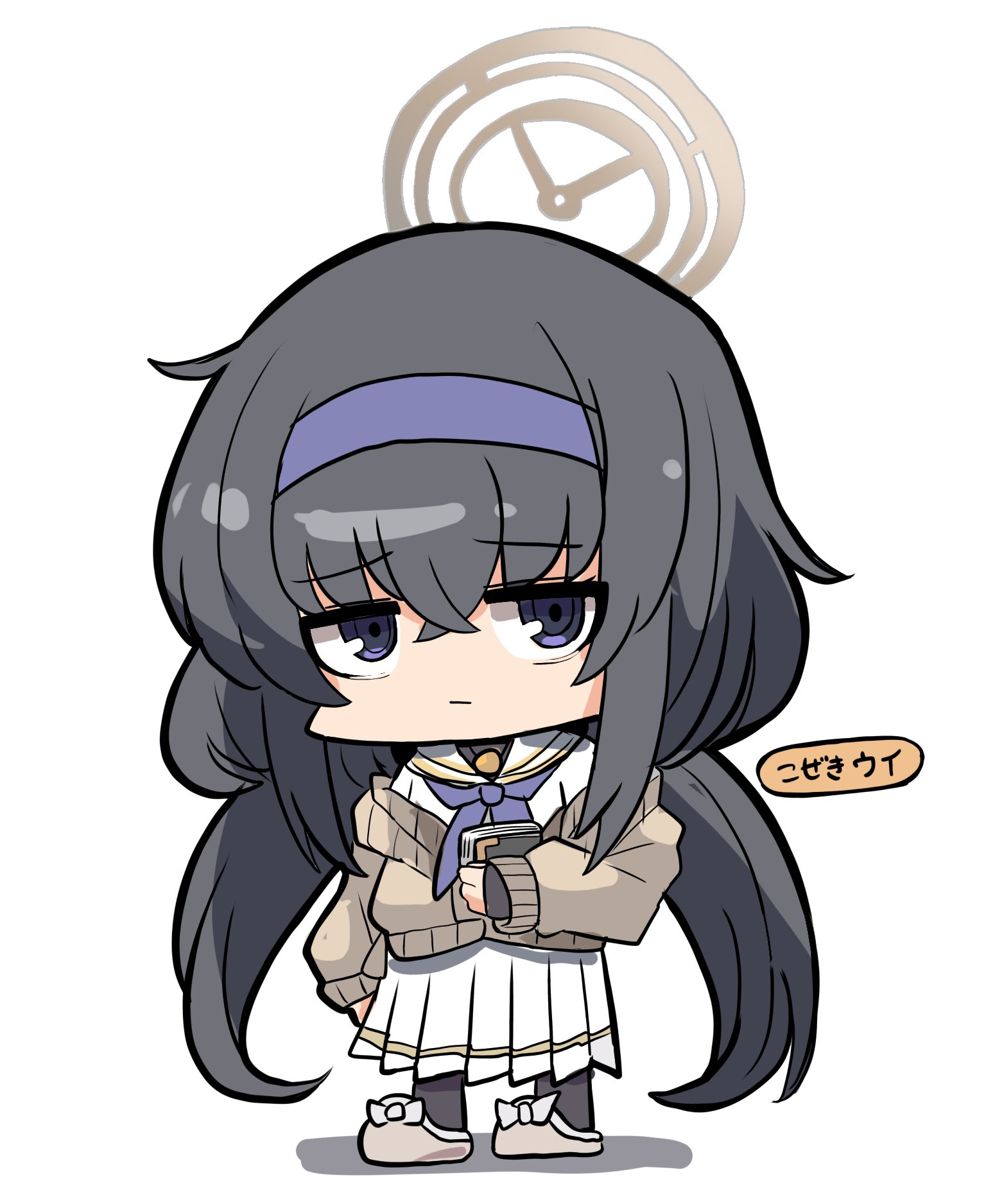kawamochi (tddm3573), ui (blue archive), blue archive, highres, translation request, 1girl, bags under eyes, black hair, black pantyhose, blue eyes, blue hairband, blue neckerchief, book, brown jacket, brown slippers, chibi, closed mouth, full body, hairband, halo, holding, holding book, jacket, long hair, long sleeves, looking at viewer, low twintails, neckerchief, pantyhose, pleated skirt, puffy long sleeves, puffy sleeves, sailor collar, shadow, shirt, simple background, skirt, sleeves past wrists, slippers, solo, standing, twintails, very long hair, white background, white sailor collar, white shirt, white skirt