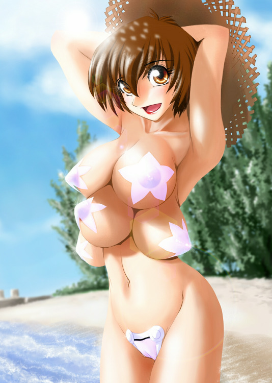 1girl, beach, breasts, extra breasts, female focus, huge breasts, nipples, solo