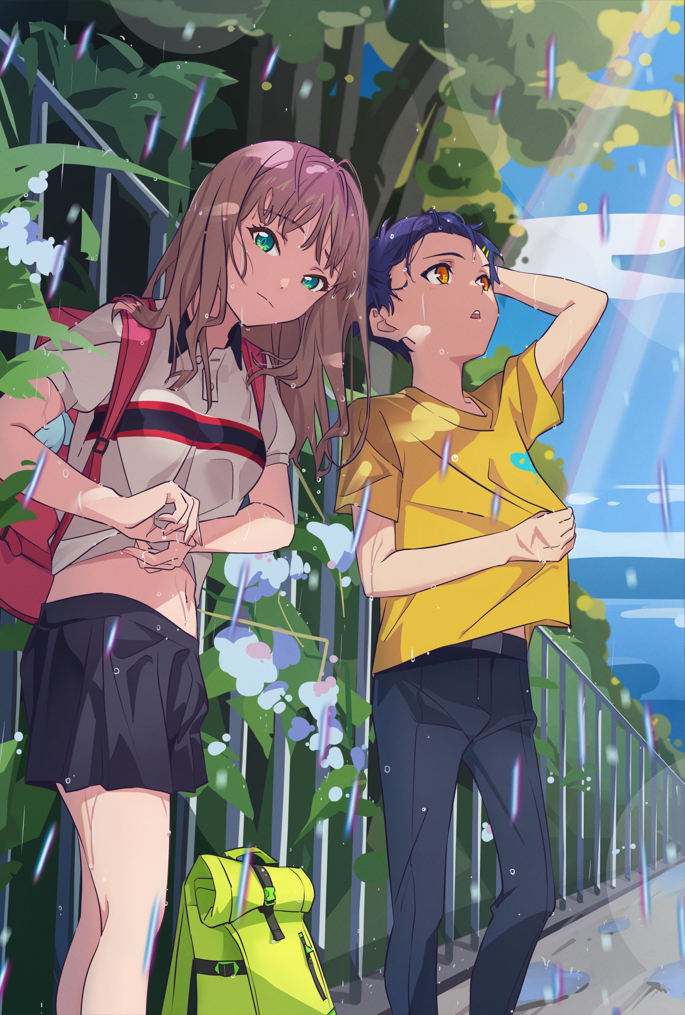 oreki (o reki ), asanaka yomogi, minami yume, gridman universe, ssss.dynazenon, bad id, bad pixiv id, highres, 1boy, 1girl, backpack, bag, belt, blue hair, blue sky, brown hair, brown shirt, cloud, cloudy sky, fence, flower, green eyes, looking at viewer, looking up, midriff, miniskirt, pants, polo shirt, puddle, rain, red bag, shirt, short hair, short sleeves, skirt, sky, striped clothes, t-shirt, thighs, tree, wet, wet clothes, wet hair, wet shirt, wringing clothes, yellow bag, yellow eyes, yellow shirt