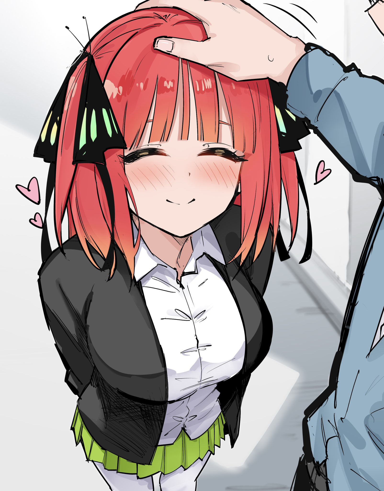 mame1645, nakano nino, go-toubun no hanayome, commentary request, highres, 1girl, black jacket, blush, breasts, butterfly hair ornament, closed eyes, closed mouth, collared shirt, from above, green skirt, hair ornament, headpat, heart, jacket, large breasts, loving aura, pleated skirt, red hair, school uniform, shirt, short hair, skirt, smile, solo focus, thighhighs, two side up, white shirt, white thighhighs