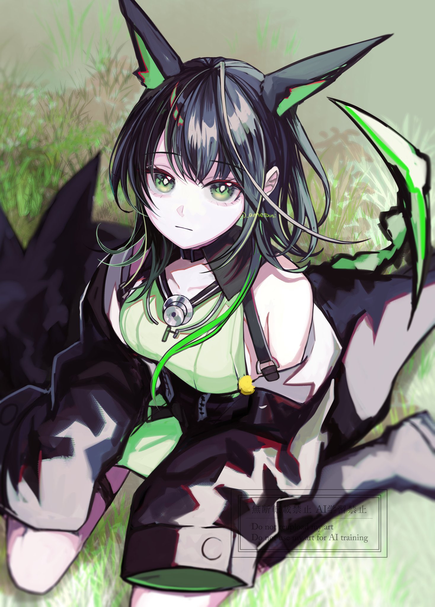ametani, mon3tr (arknights), arknights, commentary, highres, 1girl, ahoge, bare shoulders, belt, black boots, black collar, black hair, black jacket, boots, breasts, bright pupils, closed mouth, collar, collarbone, colored inner hair, crystal tail, detached collar, dress, expressionless, from above, grass, green dress, green eyes, green hair, green jacket, huge ahoge, jacket, long sleeves, looking at viewer, medium breasts, multicolored hair, off shoulder, outdoors, sideboob, sidelocks, sitting, sleeveless, sleeveless dress, sleeves past fingers, sleeves past wrists, solo, stethoscope, stethoscope around neck, tail, thigh belt, thigh strap, twitter username, two-sided fabric, wariza, watermark, white pupils