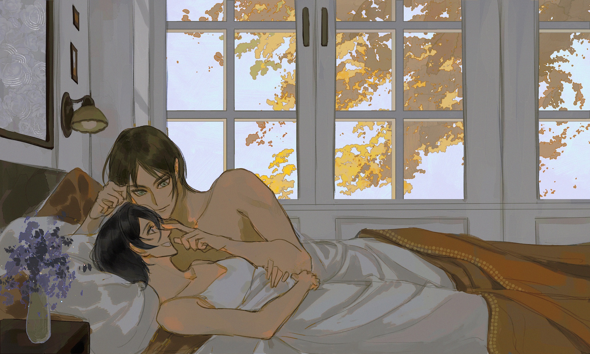 furudxn, eren yeager, mikasa ackerman, shingeki no kyojin, highres, 1boy, 1girl, black hair, blue flower, breasts, brown hair, closed mouth, couple, dress, facial scar, finger to another's nose, flower, hair between eyes, head on hand, hetero, looking at another, medium breasts, parted bangs, parted lips, scar, scar on cheek, scar on face, short hair, smile, teeth, topless male, under covers, white dress, window