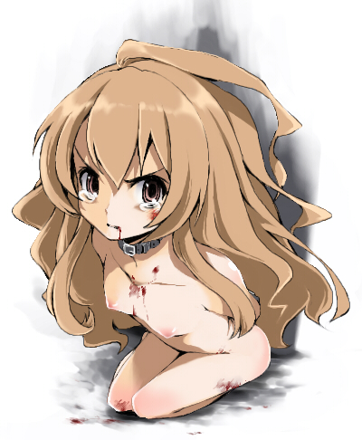 maskman, aisaka taiga, toradora!, bad id, bad pixiv id, lowres, 00s, 1girl, bdsm, blood, bondage, bound, breasts, brown hair, collar, female focus, loli, long hair, nipples, nude, small breasts, solo, tears