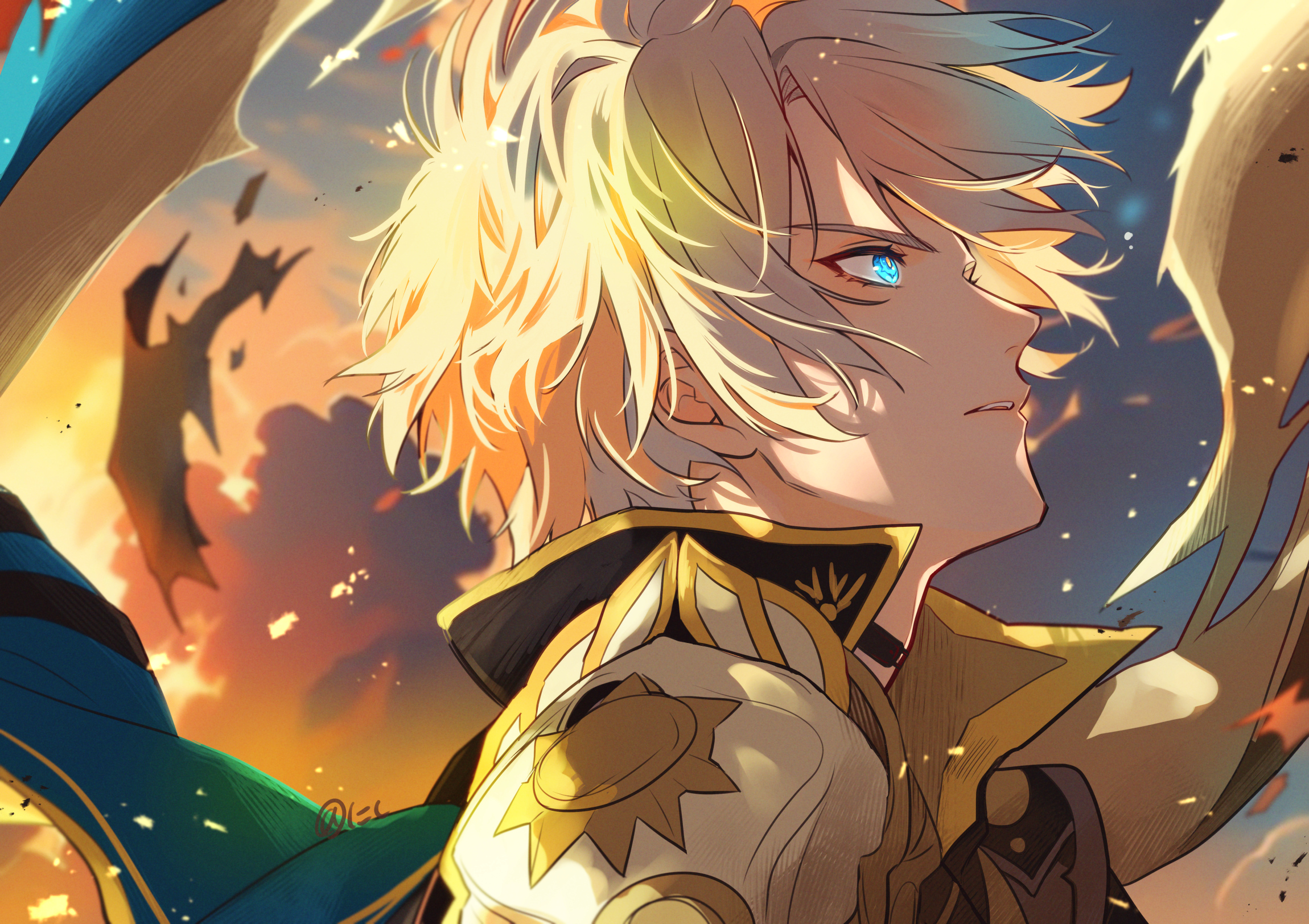 tanuki nishi, phainon (honkai: star rail), honkai: star rail, honkai (series), commentary request, highres, 1boy, adam's apple, armor, black choker, black shirt, blue eyes, choker, embers, eyelashes, floating hair, from side, male focus, open collar, parted hair, parted lips, pauldrons, popped collar, profile, shirt, shoulder armor, solo, teeth, torn clothes, upper body