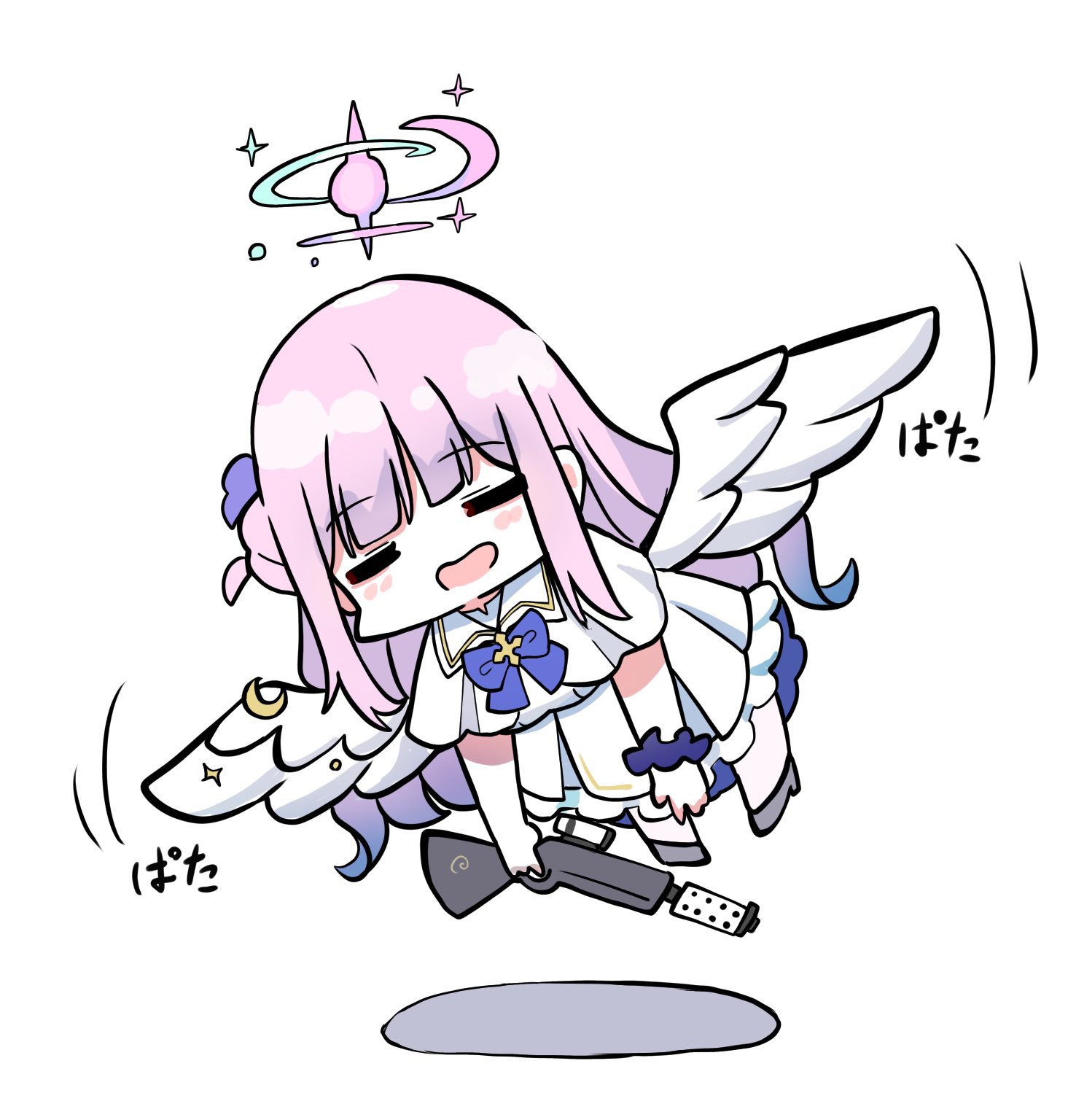 kawamochi (tddm3573), mika (blue archive), blue archive, highres, 1girl, blue hair, blush stickers, bow, breasts, capelet, chibi, closed eyes, crescent, dress, facing viewer, feathered wings, flower, flying, frilled dress, frills, full body, gradient hair, grey shoes, gun, hair bun, hair flower, hair ornament, halo, high heels, holding, holding gun, holding weapon, lanchester smg, large breasts, long hair, motion lines, multicolored hair, open mouth, pantyhose, pink hair, purple bow, purple flower, shadow, shoes, simple background, single side bun, solo, submachine gun, very long hair, weapon, white background, white capelet, white dress, white pantyhose, white wings, wings