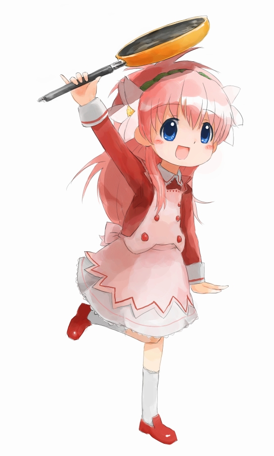 nyama, milfeulle sakuraba, galaxy angel, bad id, bad pixiv id, 00s, 1girl, aged down, apron, blue eyes, blush, child, female focus, frying pan, happy, long hair, looking at viewer, pink hair, pinky out, red shoes, shoes, simple background, skirt, smile, solo, white background