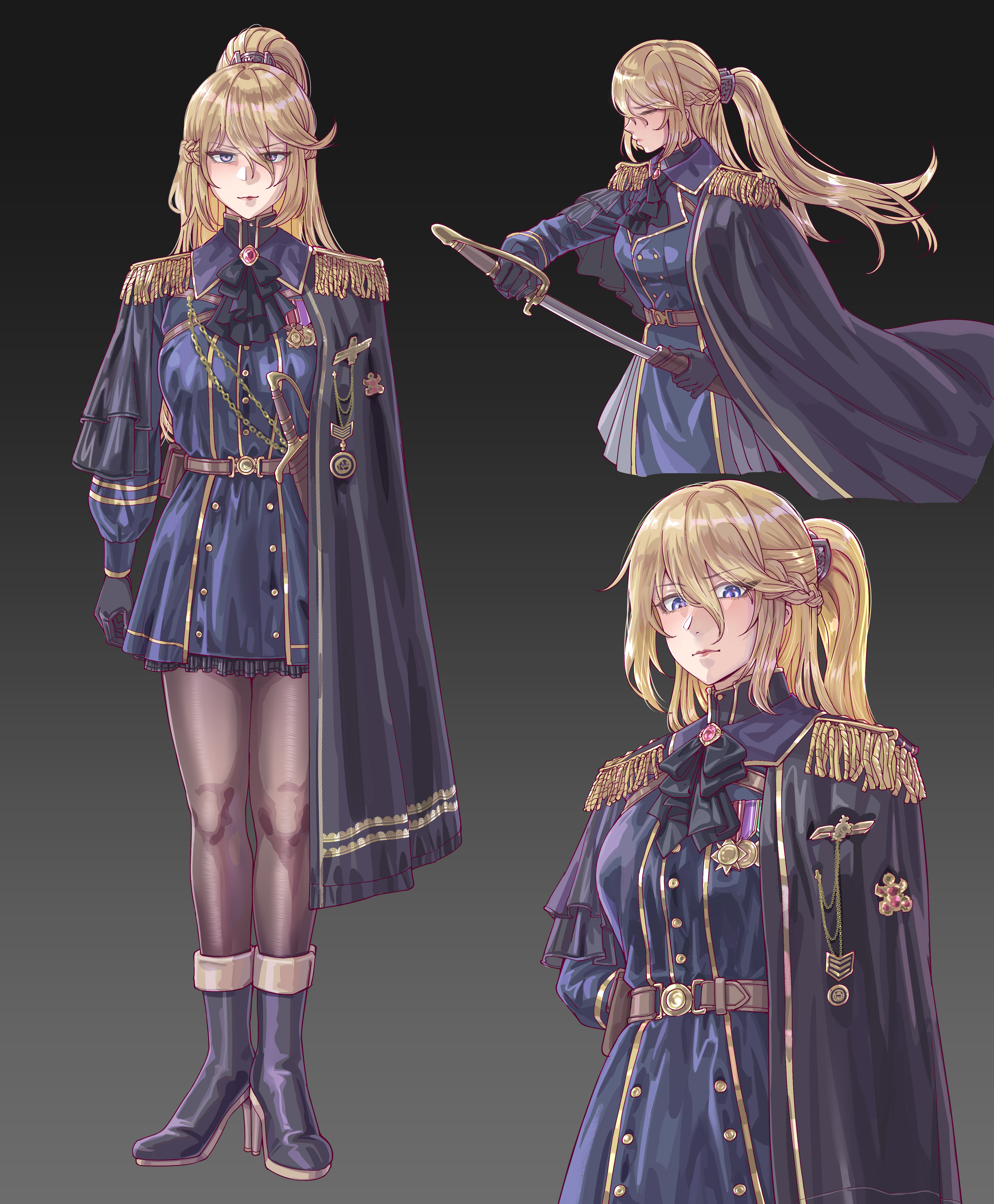 leveen, original, absurdres, highres, 1girl, ascot, black ascot, black gloves, black pantyhose, blonde hair, boots, braid, coat, gloves, half up braid, hat, high heel boots, high heels, high ponytail, holding, holding sword, holding weapon, jewelry, long hair, military uniform, pantyhose, ponytail, saber (weapon), simple background, sword, weapon