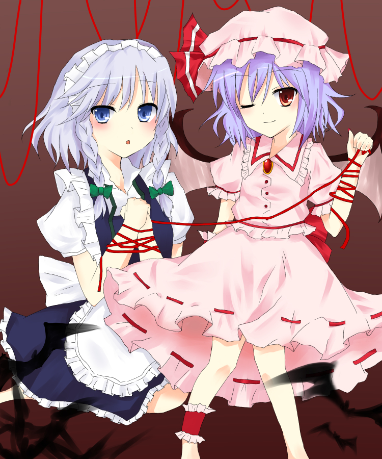 hane riu, izayoi sakuya, remilia scarlet, touhou, bad id, bad pixiv id, 2girls, female focus, multiple girls