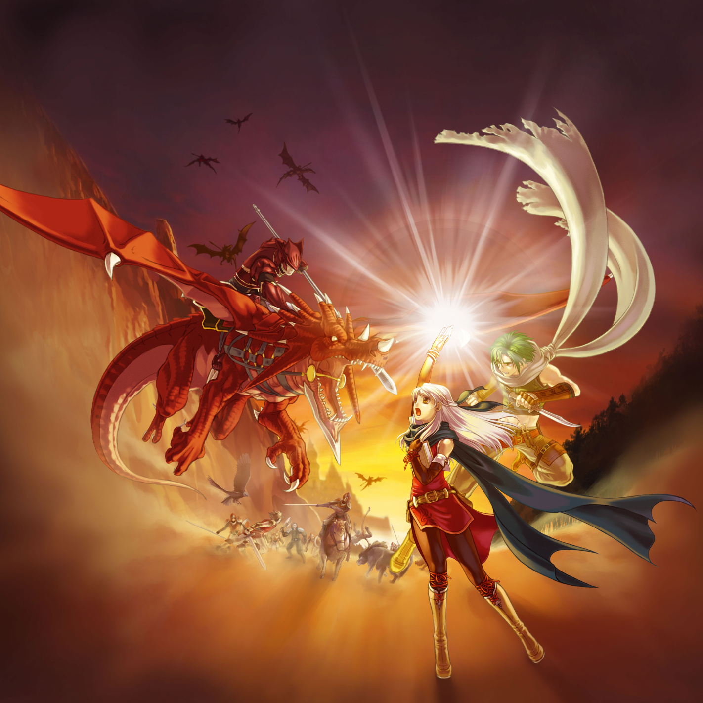 kita senri, edward (fire emblem), leonardo (fire emblem), micaiah (fire emblem), nolan (fire emblem), sothe (fire emblem), fire emblem, fire emblem: radiant dawn, nintendo, silver hair, highres, official art, 1girl, 6+boys, armor, axe, bare shoulders, black pantyhose, blue scarf, cloak, dagger, dragon, dress, elbow gloves, fingerless gloves, gloves, green hair, half updo, horse, knife, long hair, magic, multiple boys, pantyhose, polearm, scarf, side slit, sleeveless, sleeveless dress, spear, sword, weapon, wyvern, wyvern rider, yellow eyes