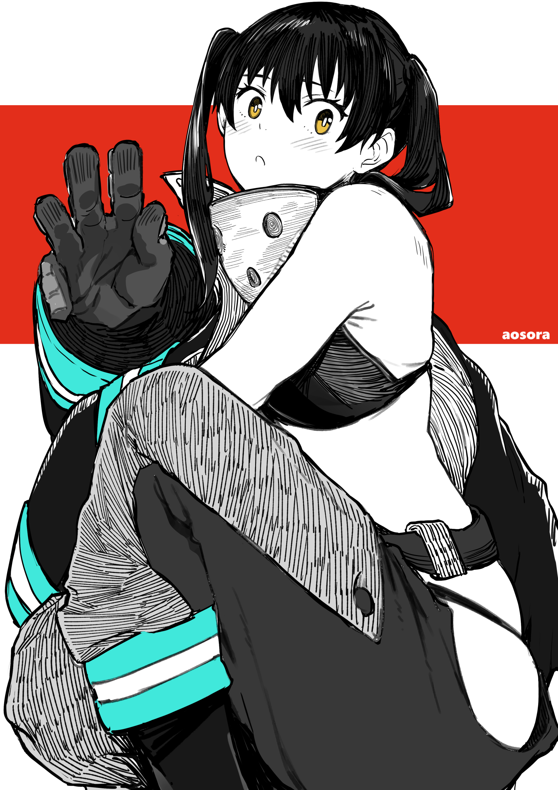 aosora2823, tamaki kotatsu, en'en no shouboutai, absurdres, highres, 1girl, artist name, bare shoulders, bikini, black bikini, black hair, boots, firefighter jacket, gloves, jacket, light blush, looking at viewer, midriff, short hair, simple background, solo, squatting, swimsuit, twintails, waving