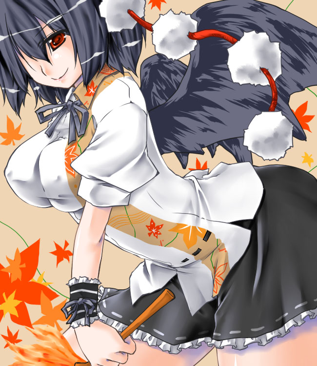 aoba shou, aowashou, shameimaru aya, touhou, 1girl, black hair, black wings, breasts, female focus, hat, large breasts, leaf, short hair, skirt, solo, wings