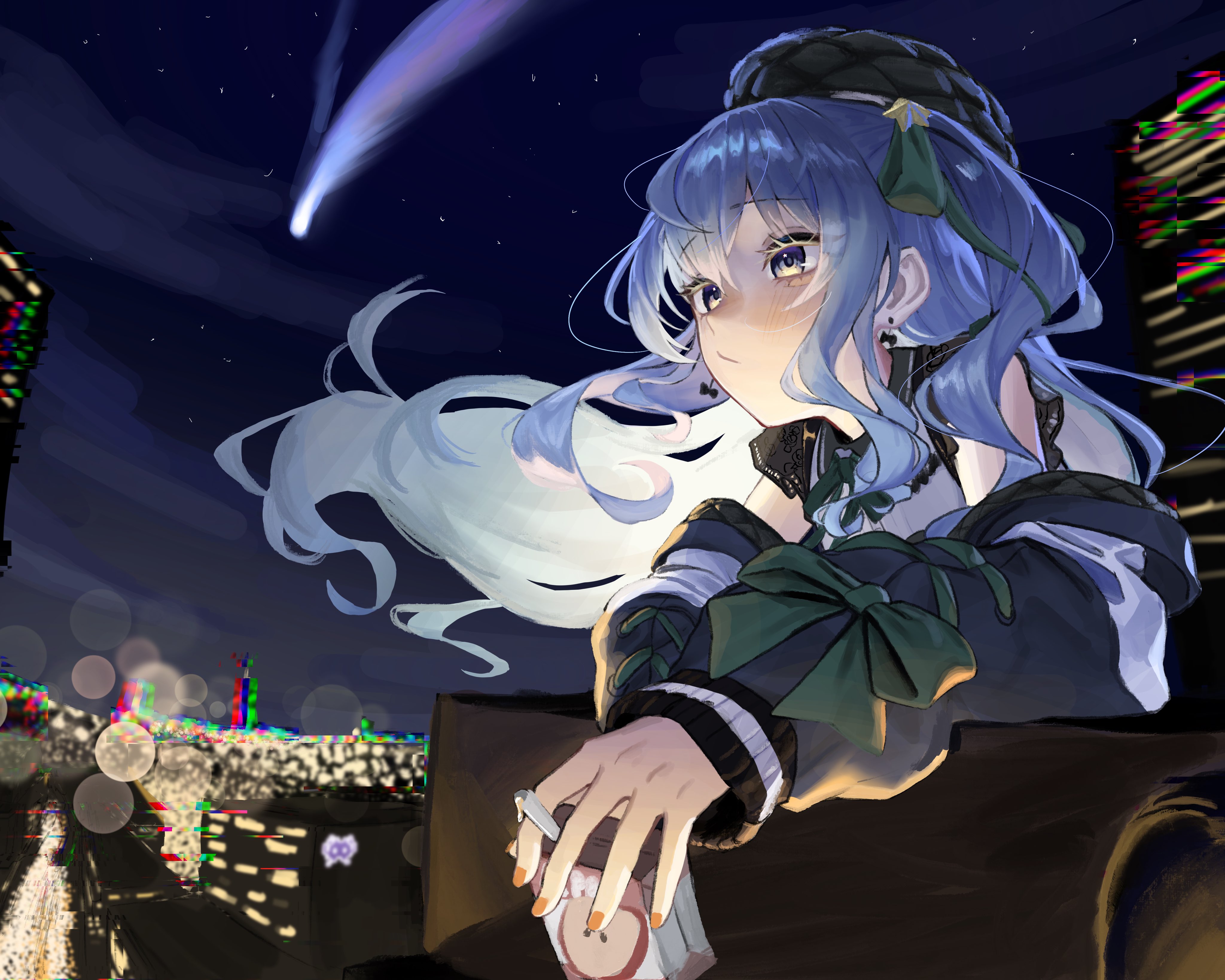 ayeon, hoshimachi suisei, hoshimachi suisei (casual), hololive, absurdres, highres, 1girl, apple juice, beret, black hat, blue hair, building, city, city lights, closed mouth, comet, earrings, floating hair, green ribbon, hat, holding juice box, jewelry, juice, juice box, long hair, long sleeves, looking ahead, night, night sky, official alternate costume, ribbon, sky, solo, virtual youtuber, wind, yellow eyes