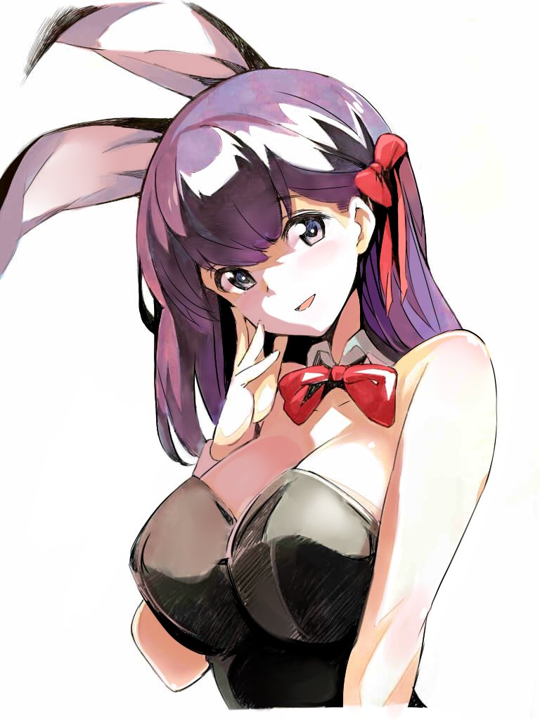 tsukamori shuuji, matou sakura, fate (series), commentary request, 1girl, animal ear hairband, animal ears, bare shoulders, black leotard, bow, bowtie, breasts, cropped torso, detached collar, fake animal ears, hair ribbon, hairband, hand on own cheek, hand on own face, large breasts, leotard, long hair, looking at viewer, open mouth, playboy bunny, purple eyes, purple hair, rabbit ear hairband, rabbit ears, red bow, red bowtie, red ribbon, ribbon, smile, solo, strapless, strapless leotard, white background, wrist cuffs