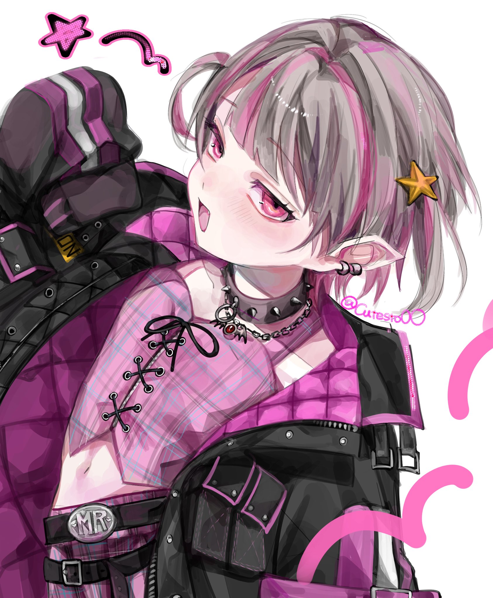 makaino ririmu, makaino ririmu (6th costume), nijisanji, highres, 1girl, arched back, belt, belt buckle, black belt, black collar, black jacket, black straps, blunt bangs, blush, buckle, chain, chain necklace, clothes writing, collar, collarbone, colored inner hair, cowboy shot, crop top, cross-laced clothes, cross-laced top, cutesto0o, dutch angle, ear cuffs, fang, grey hair, hair intakes, hand up, jacket, jewelry, leg tattoo, looking at viewer, loose belt, midriff, miniskirt, multicolored hair, multiple belts, navel, necklace, no headwear, o-ring, o-ring thigh strap, open clothes, open jacket, open mouth, pendant, pink hair, pink jacket, pink skirt, plaid clothes, plaid skirt, pleated skirt, pointy ears, red eyes, short hair, sideways glance, simple background, skirt, sleeves past fingers, sleeves past wrists, smile, solo, spiked collar, spikes, star (symbol), streaked hair, tattoo, thigh strap, twitter username, two-sided fabric, two-sided jacket, two side up, unbuttoned, unzipped, virtual youtuber, white background, winged heart, winged heart tattoo, wolf cut, zipper top