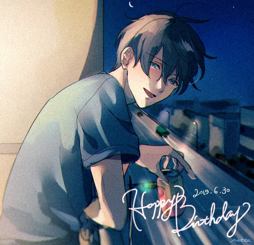 nanase haruka (free!), free!, 1boy, against railing, balcony, black hair, blue eyes, can, car, drink can, hair between eyes, holding, holding can, male focus, motor vehicle, night, open mouth, outdoors, railing, shaaark rotta03, short hair, short sleeves, soda can, solo