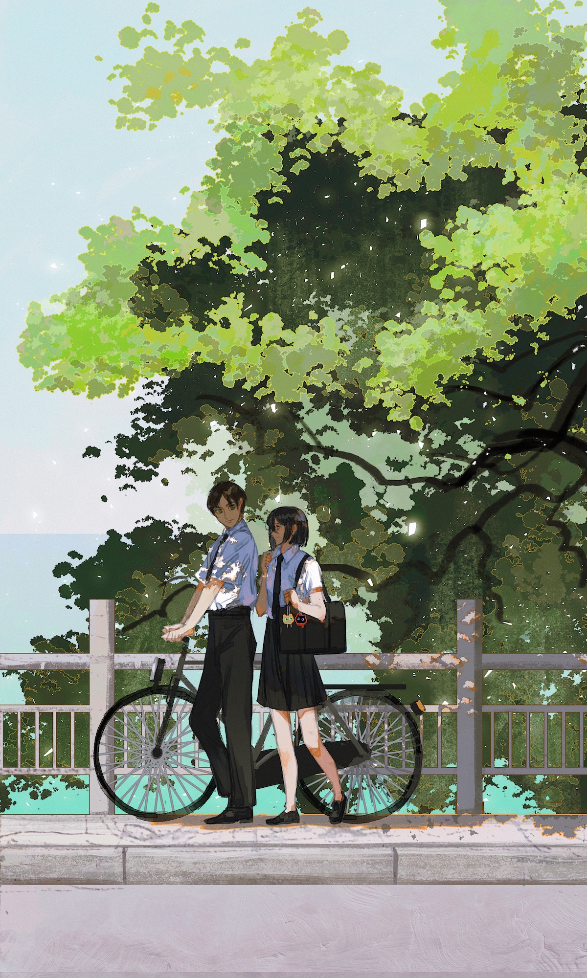 furudxn, eren yeager, mikasa ackerman, shingeki no kyojin, highres, 1boy, 1girl, alternate universe, bag, bicycle, black hair, black necktie, black pants, black shoes, black skirt, brown hair, collared shirt, full body, hair between eyes, necktie, outdoors, pants, parted bangs, pleated skirt, pushing bicycle, school uniform, shirt, shoes, shoulder bag, sideways glance, skirt, tree, white shirt