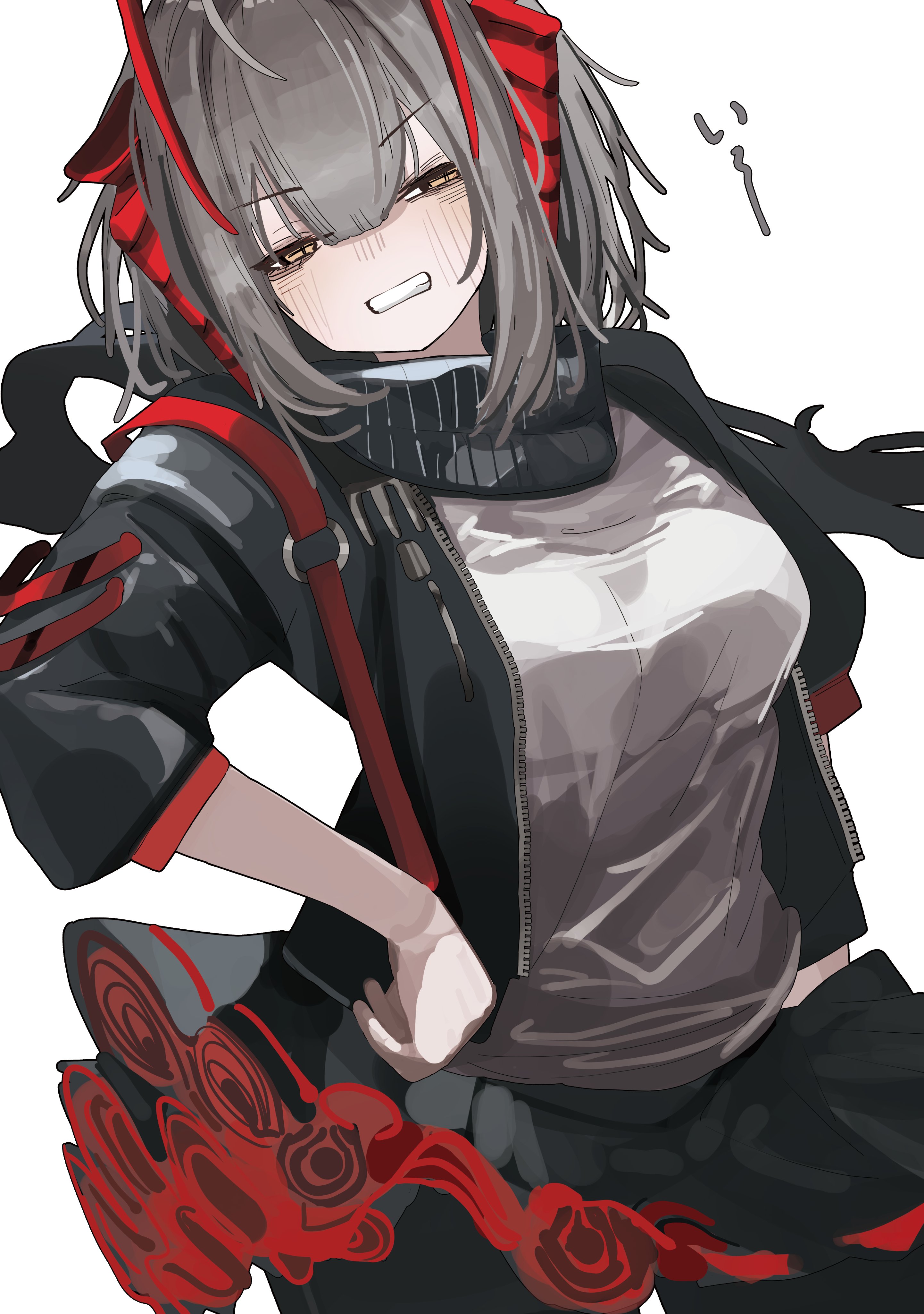 taiiiyakiii, w (arknights), arknights, absurdres, commentary, highres, translation request, 1girl, antenna hair, black jacket, black scarf, black skirt, blush, breasts, clenched teeth, cowboy shot, demon girl, demon horns, grey hair, grey shirt, hair between eyes, half-closed eyes, hand on own hip, horns, jacket, large breasts, looking at viewer, open clothes, open jacket, orange eyes, red horns, red skirt, scarf, shirt, short hair, sidelocks, simple background, skirt, solo, teeth, three-quarter sleeves, two-sided fabric, two-sided skirt, white background
