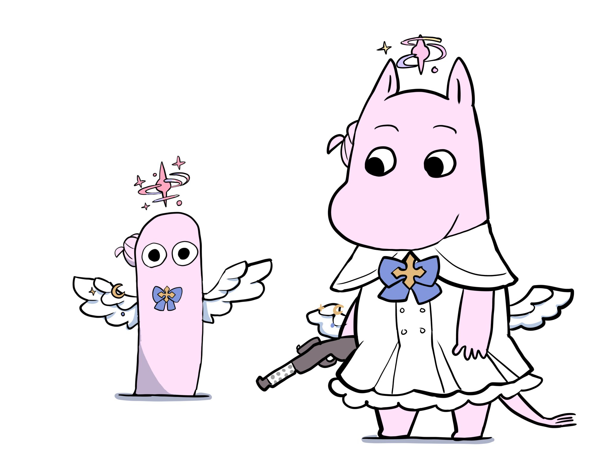 kawamochi (tddm3573), hattifattener, mika (blue archive), moomintroll, blue archive, moomin, highres, blue bow, bow, capelet, crescent, dress, feathered wings, gun, hair bun, halo, lanchester smg, low wings, pink hair, shadow, simple background, single side bun, standing, submachine gun, weapon, white background, white capelet, white dress, white wings, wings