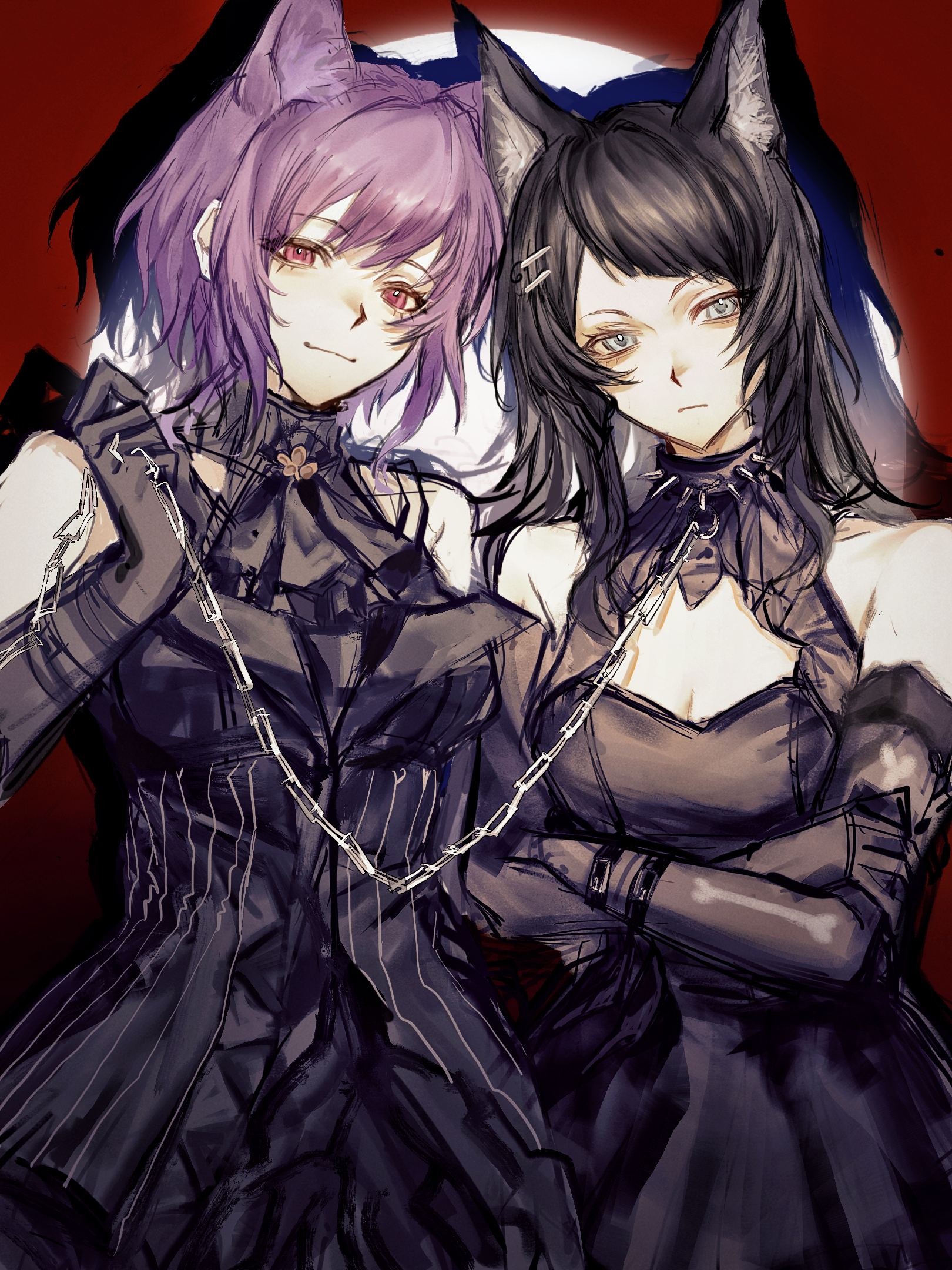 yahata umiri, yahata umiri (moonlight executioner), yuutenji nyamu, yuutenji nyamu (magician of passion), arknights, bang dream!, bang dream! it's mygo!!!!!, chinese commentary, commentary request, commission, highres, second-party source, 2girls, animal ears, ascot, black ascot, black collar, black dress, black gloves, black hair, blue eyes, breasts, cat ears, chain, cleavage, closed mouth, collar, cowboy shot, crossed arms, dress, elbow gloves, gloves, hand up, holding, holding chain, jiangan cha bing, kemonomimi mode, large breasts, looking at viewer, medium hair, multiple girls, purple hair, red background, short hair, smile, spotlight, standing, wolf ears, wolf girl