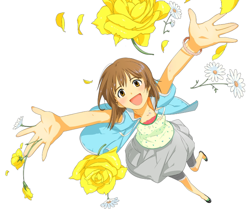 hagiwara yukiho, idolmaster, idolmaster (classic), idolmaster 1, 00s, 1girl, ||/, brown eyes, brown hair, daisy (flower), double ||/, female focus, flower, full body, short hair, skirt, solo, transparent background