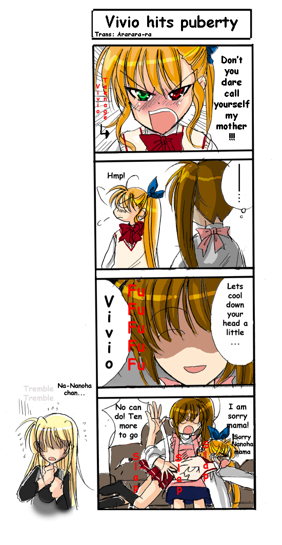 hina sasaki, fate testarossa, takamachi nanoha, vivio, lyrical nanoha, mahou shoujo lyrical nanoha, mahou shoujo lyrical nanoha strikers, hard-translated, third-party edit, translated, 00s, 3girls, 4koma, blonde hair, comic, cool your head, female focus, heterochromia, multiple girls, spanked, spanking, white devil