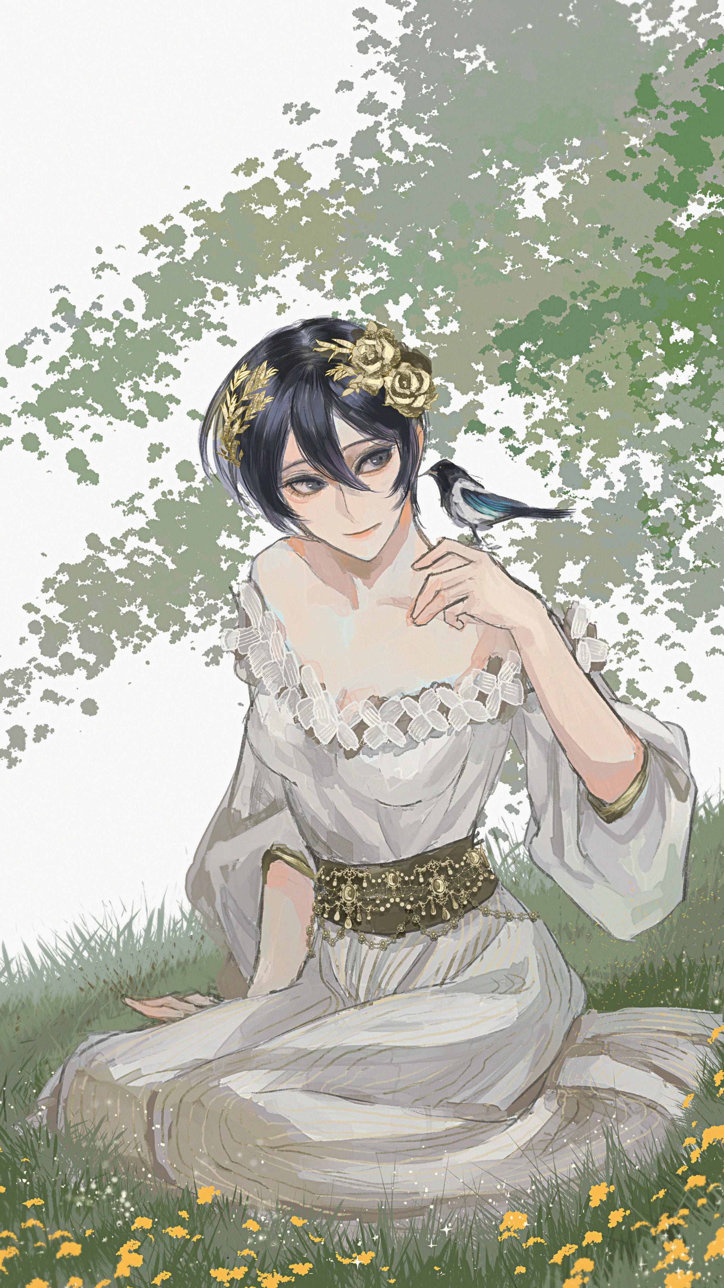furudxn, mikasa ackerman, shingeki no kyojin, absurdres, highres, 1girl, alternate costume, bare shoulders, bird, bird on hand, black hair, breasts, cleavage, closed eyes, collarbone, dress, facial scar, flower, grass, grey eyes, hair between eyes, hair flower, hair ornament, kneeling, laurel crown, long dress, medium breasts, nature, off-shoulder dress, off shoulder, scar, scar on cheek, scar on face, short hair, smile, solo, white dress, wide sleeves, yellow flower