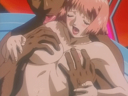 umetsu yasuomi, kurokawa ken'ichi, suzuki mikura, mezzo danger service agency, mezzo forte, animated, animated gif, lowres, 00s, 1990s (style), 1boy, 1girl, blush, bob cut, breasts, closed eyes, dark-skinned male, dark skin, grabbing another's breast, groping, hetero, interracial, penis, pink hair, retro artstyle, short hair