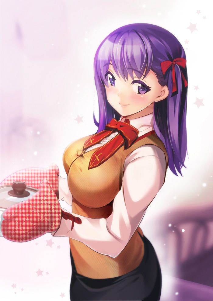 tsukamori shuuji, matou sakura, fate (series), commentary request, 1girl, black skirt, breasts, brown vest, closed mouth, from side, hair ribbon, holding, homurabara academy school uniform, large breasts, long hair, long sleeves, looking at viewer, oven mitts, purple eyes, purple hair, red oven mitts, red ribbon, ribbon, school uniform, shirt, skirt, smile, solo, vest, white shirt