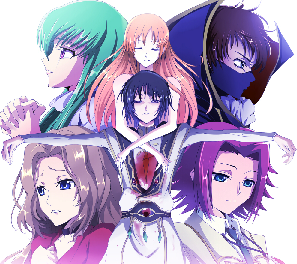 kasai shin, c.c., kouzuki kallen, kururugi suzaku, lelouch vi britannia, nunnally vi britannia, shirley fenette, code geass, spoilers, 00s, 2boys, 4girls, blood, blue eyes, blue hair, brown hair, choker, closed eyes, green hair, hug, hug from behind, mask, multiple boys, multiple girls, necktie, orange hair, pink hair, tears