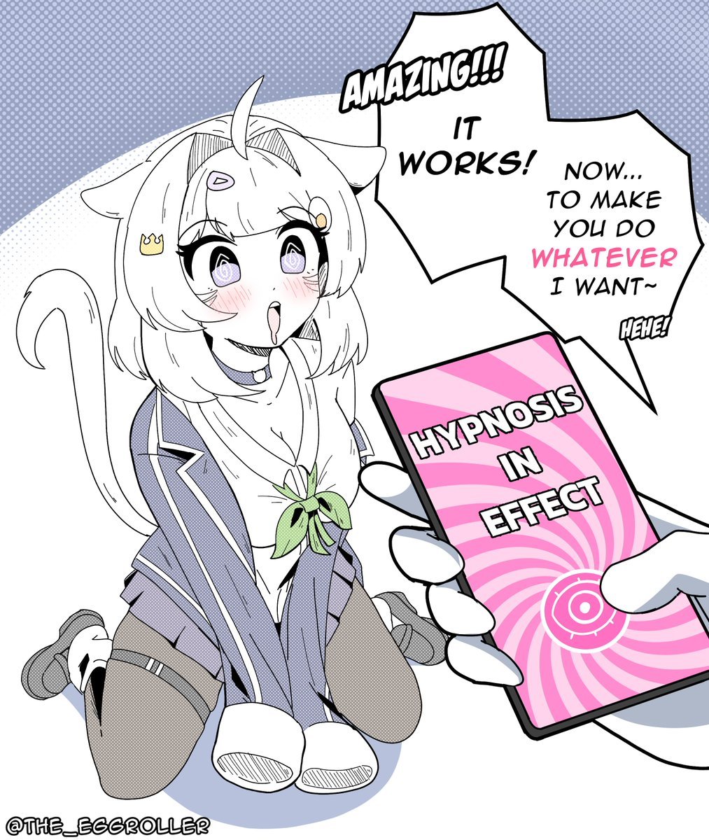 original, commentary, english commentary, highres, 1girl, @ @, animal ears, blush, breasts, cat ears, cat girl, cat tail, cellphone, choker, cleavage, english text, food-themed hair ornament, hair ornament, holding, holding phone, hypnosis, hypnosis app, jacket, loafers, mind control, open mouth, pantyhose, phone, shoes, short hair, smartphone, speech bubble, swirl, tail, the-eggroller, twitter username, viewer holding phone
