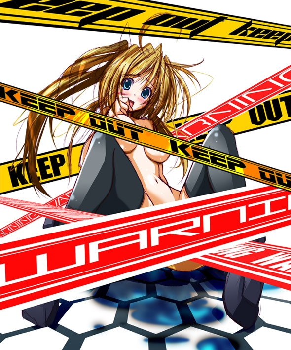 nanairo souga, souga nanairo, faintear, trigger heart exelica, 1girl, :o, blonde hair, blue eyes, blush, breasts, caution tape, censored, female focus, long hair, looking at viewer, open mouth, ponytail, simple background, solo, thighhighs, underboob, very long hair, white background
