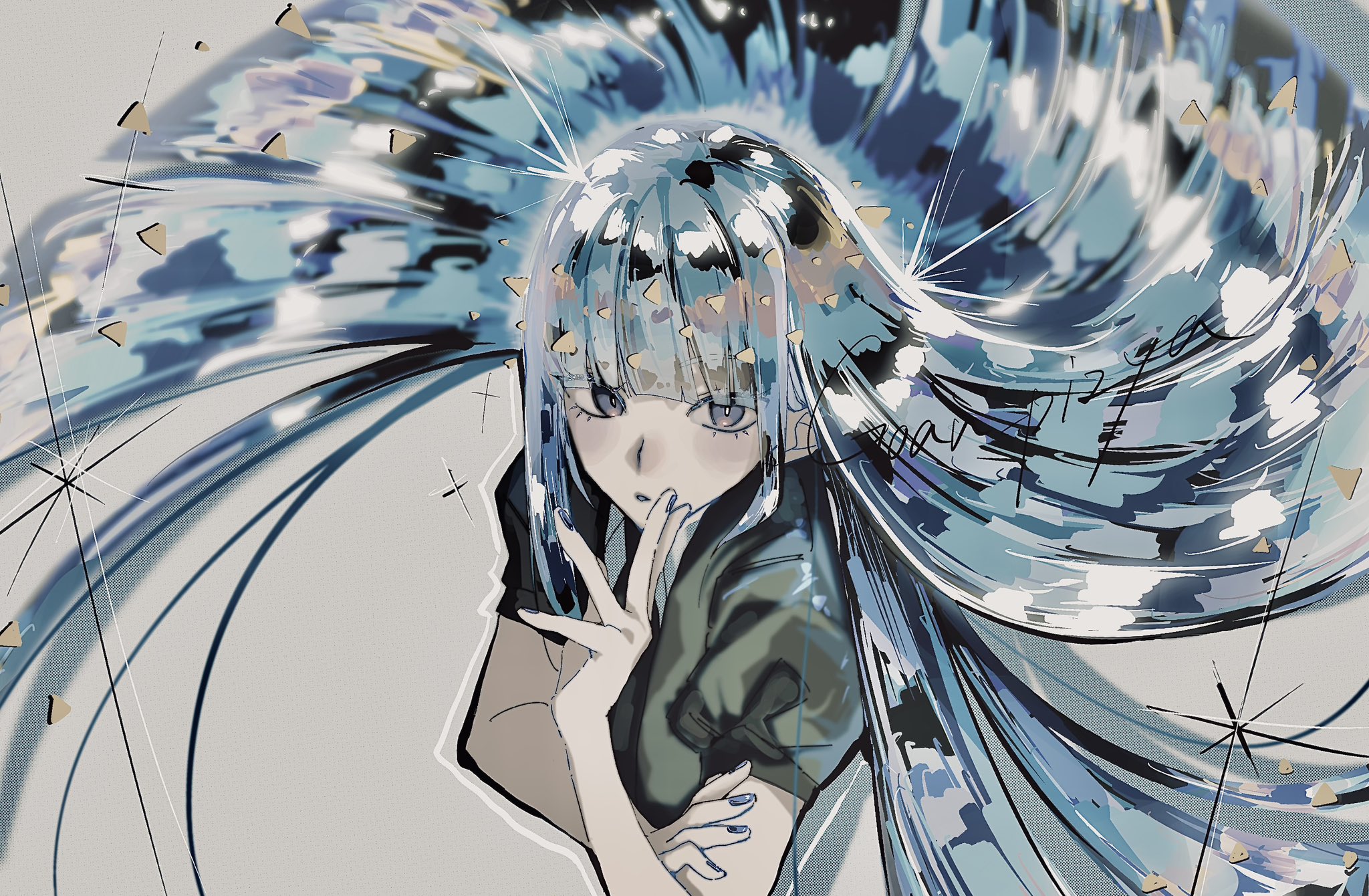 goan pizya, lapis lazuli (houseki no kuni), houseki no kuni, highres, 1other, androgynous, black necktie, blue hair, colored eyelashes, colored skin, crystal hair, gem uniform (houseki no kuni), glowing, glowing hair, lapis lazuli (gemstone), long hair, messy hair, necktie, other focus, phosphophyllite (gemstone), white skin