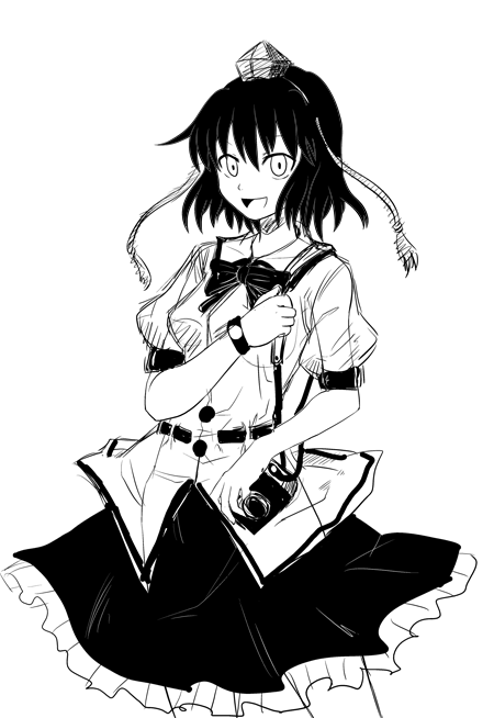 hiromasa, shameimaru aya, touhou, 1girl, female focus, greyscale, hat, looking at viewer, monochrome, open mouth, smile, solo