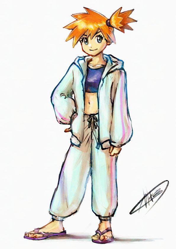 kaosu (kaosu0905), misty (pokemon), nintendo, pokemon, pokemon (anime), pokemon (classic anime), pokemon rgby, 1girl, alternate costume, baggy pants, blue eyes, closed mouth, collarbone, crop top, eyelashes, flip-flops, hair tie, hand on own hip, hood, hooded jacket, hoodie, jacket, long sleeves, looking at viewer, midriff, navel, open clothes, open hoodie, open jacket, orange hair, pants, ponytail, sandals, short hair, side ponytail, smile, solo, standing, toes, white pants