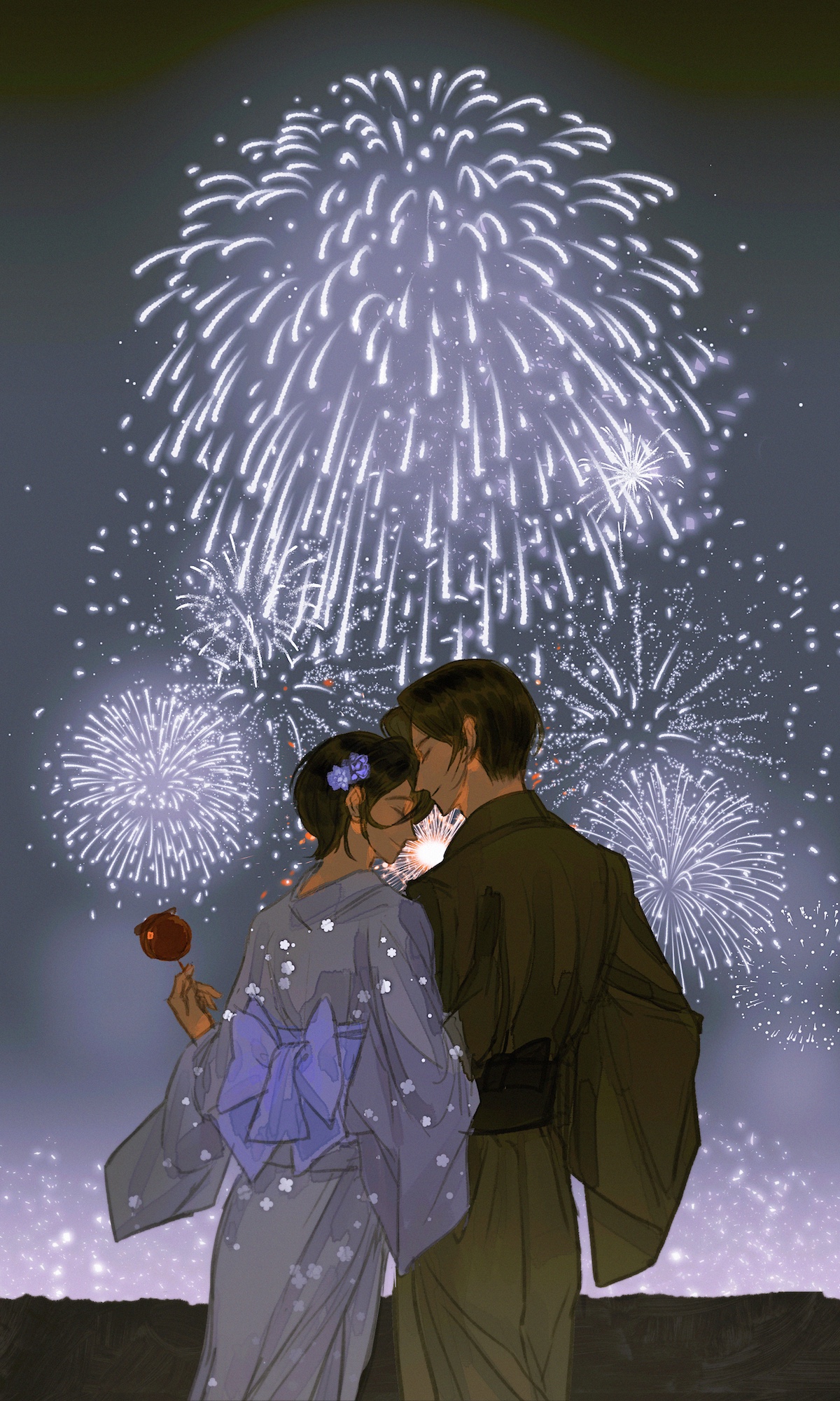 furudxn, eren yeager, mikasa ackerman, shingeki no kyojin, highres, 1boy, 1girl, back bow, black hair, black kimono, blue flower, bow, brown hair, candy apple, closed eyes, couple, cowboy shot, fireworks, flower, food, grey kimono, hair between eyes, hair flower, hair ornament, hetero, holding, holding another's arm, holding candy apple, holding food, japanese clothes, kimono, outdoors, short hair, wide sleeves
