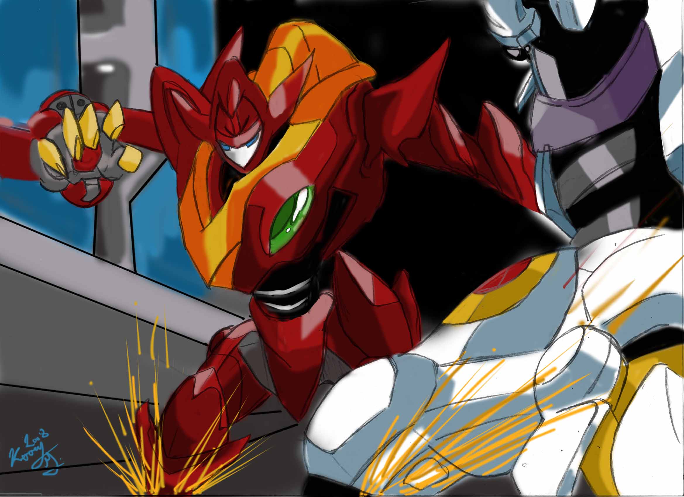 albion, guren (code geass), guren s.e.i.t.e.n. eight elements, kouzuki kallen, kururugi suzaku, lancelot (code geass), lancelot albion, code geass, highres, 00s, mecha, robot