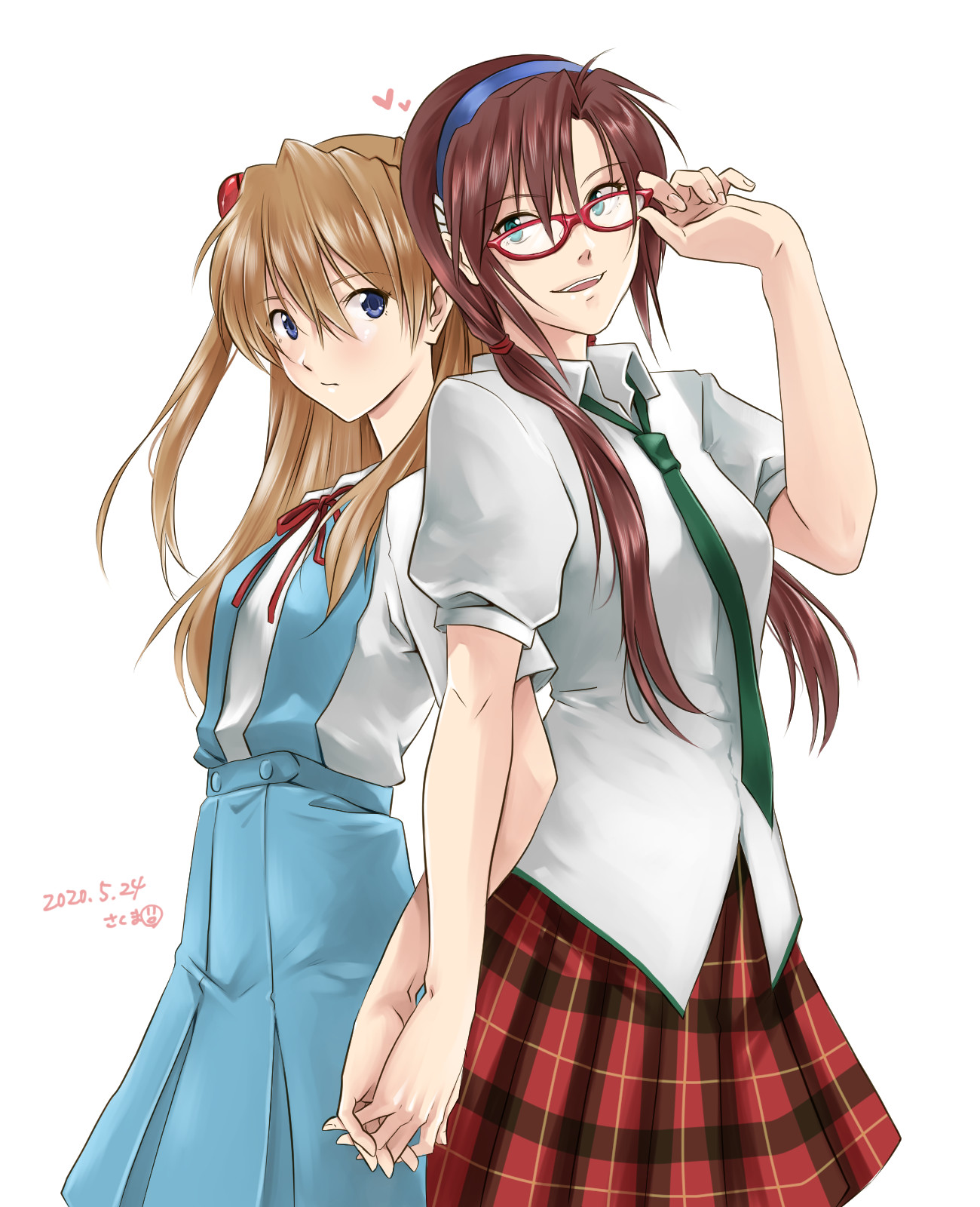 sakuma, makinami mari illustrious, souryuu asuka langley, neon genesis evangelion, rebuild of evangelion, highres, 2020, 2girls, adjusting eyewear, blue eyes, blue hairband, breasts, brown hair, dated, dress shirt, glasses, green necktie, hair between eyes, hair ornament, hairband, hairclip, heart, holding hands, interface headset (evangelion), long hair, looking at another, looking to the side, low twintails, medium breasts, multiple girls, necktie, parted bangs, pixiv id, plaid clothes, plaid skirt, puffy short sleeves, puffy sleeves, red-framed eyewear, school uniform, shirt, short sleeves, simple background, skirt, suspender skirt, suspenders, tokyo-3 middle school uniform, twintails, two side up, white skirt, yuri