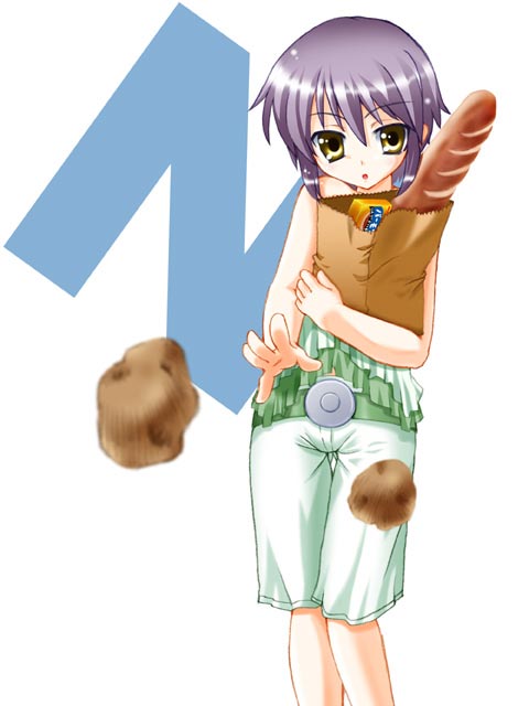 iga tamaki, nagato yuki, suzumiya haruhi no yuuutsu, eyebrows, open m/, 00s, 1girl, :o, ||/, alternate costume, bag, baguette, bare shoulders, bread, casual, female focus, food, frills, groceries, grocery bag, holding, looking at viewer, motion blur, paper bag, potato, purple hair, reaching, shopping, shopping bag, short hair, shorts, solo, text focus, thigh gap, white background, yellow eyes