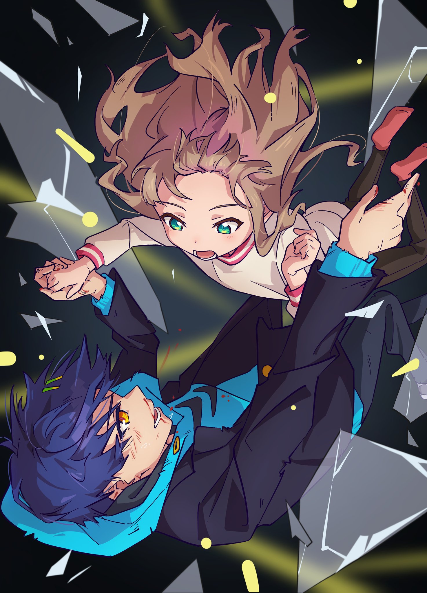oreki (o reki ), asanaka yomogi, minami yume, gridman universe, ssss.dynazenon, bad id, bad pixiv id, highres, 1boy, 1girl, black background, black jacket, blood, blood splatter, blue hair, blue hoodie, broken glass, brown hair, brown shirt, falling, forehead, glass, green eyes, hair ornament, hairclip, holding hands, hood, hoodie, jacket, long hair, long sleeves, looking at another, looking down, looking up, open mouth, pants, parallel hairclips, red socks, scrape, shirt, short hair, socks, yellow eyes