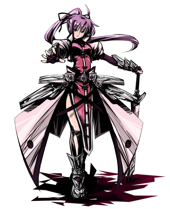 laevatein (nanoha), signum, lyrical nanoha, mahou shoujo lyrical nanoha, mahou shoujo lyrical nanoha a's, 00s, 1girl, belt, buckle, dress, female focus, full body, long sleeves, looking at viewer, ponytail, purple hair, red dress, simple background, solo, standing, sword, tabard, weapon, whip sword, white background
