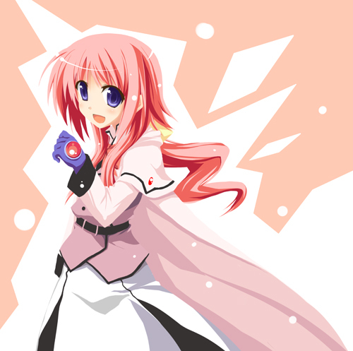 caro ru lushe, kerykeion (nanoha), lyrical nanoha, mahou shoujo lyrical nanoha, mahou shoujo lyrical nanoha strikers, lowres, 00s, 1girl, :d, belt, blush, buckle, dress, female focus, long sleeves, looking at viewer, open mouth, pink dress, ponytail, red hair, sailor collar, smile, solo, standing, tareme