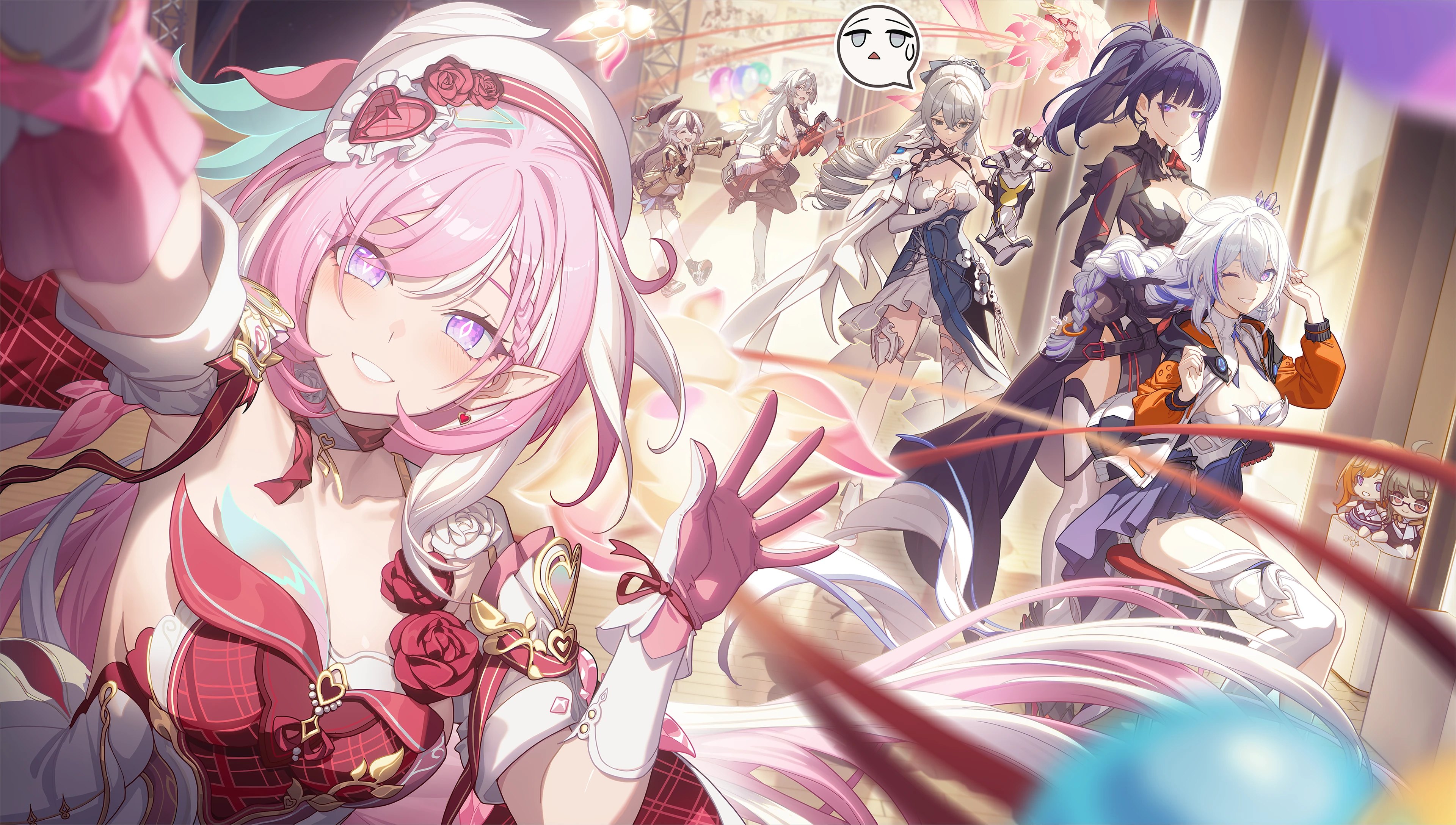 madyy, bronya zaychik, bronya zaychik (silverwing: n-ex), coralie 6626 planck, elysia (hi love elf) (honkai impact), elysia (honkai impact), entropy (honkai impact 3rd), erdos helia, female dreamseeker (honkai impact), kiana kaslana, kiana kaslana (herrscher of finality), kiana kaslana (white comet), leylah (honkai impact), raiden mei, raiden mei (apho), raiden mei (danzai spectramancer), senadina, honkai (series), honkai impact 3rd, absurdres, highres, 6+girls, ;), animal ears, beret, black hair, black shorts, blue dress, blue eyes, blush, breasts, character doll, cleavage, diamond-shaped pupils, diamond (shape), dog ears, dog girl, doll, dress, elf, gloves, grey hair, happy anniversary, hat, hoyofair, large breasts, long braid, long hair, looking at viewer, missing commentary, multicolored hair, multiple girls, one eye closed, pink gloves, pink hair, pointy ears, ponytail, purple eyes, purple hair, red dress, self cosplay, shorts, smile, spoken expression, stuffed toy, symbol-shaped pupils, triangle mouth, two-tone hair, very long hair, white hair