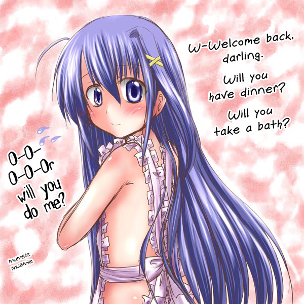 misana, reinforce zwei, lyrical nanoha, mahou shoujo lyrical nanoha, 00s, 1girl, apron, blue hair, blush, female focus, hair ornament, naked apron, nervous, solo, x hair ornament